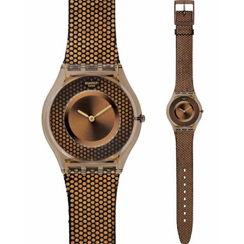 SWATCH Skin Classic Hexed Brown Leather and Fabric Strap