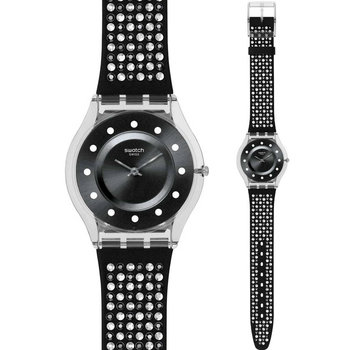 SWATCH Skin Classic Lights On Black Fabric and Leather Strap