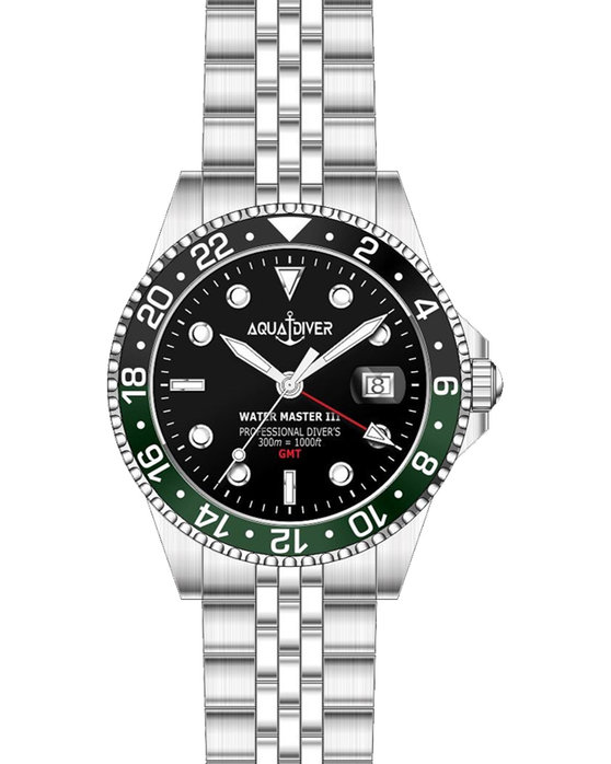 AQUADIVER Water Master III GMT Dual Time Silver Stainless Steel Bracelet