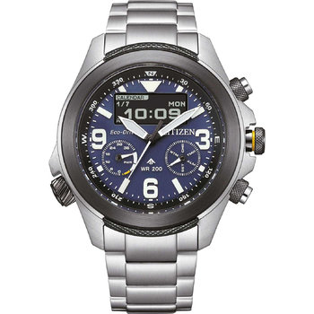 CITIZEN Promaster Land Eco Drive Dual Time Chronograph Silver Stainless Steel Bracelet