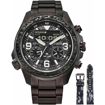 CITIZEN Promaster Land Eco Drive Dual Time Chronograph Black Stainless Steel Bracelet Limited Edition Gift Set