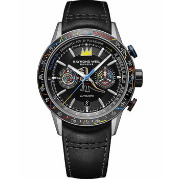 RAYMOND WEIL x Basquiat Bi-Compax Automatic Chronograph Black Leather Strap Special Edition