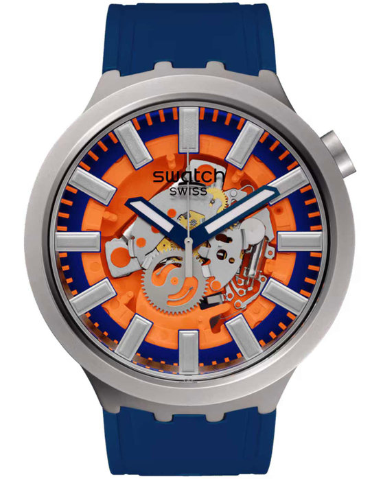 SWATCH Big Bold Irony Orange In The Works Blue Rubber Strap