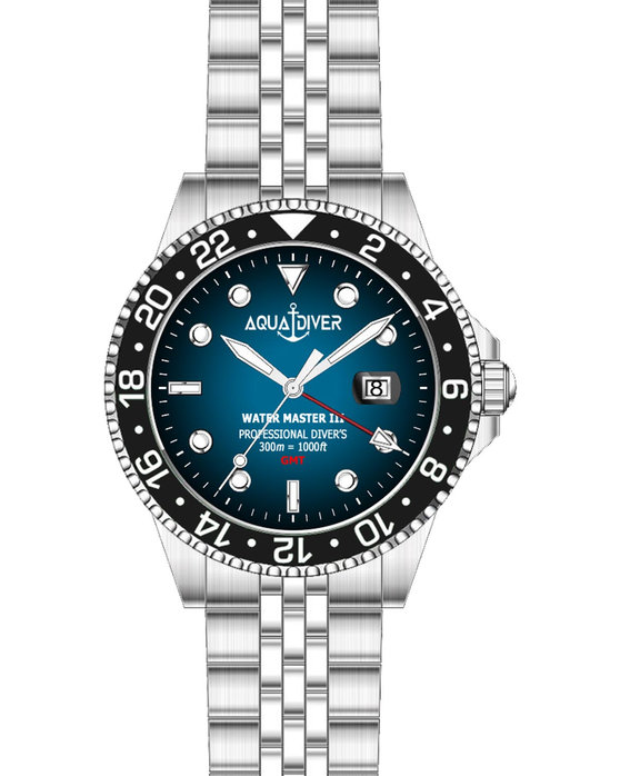 AQUADIVER Water Master III GMT Dual Time Silver Stainless Steel Bracelet