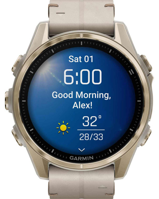 GARMIN Fenix 8 43mm AMOLED Sapphire Soft Gold with Fog Gray Leather Strap