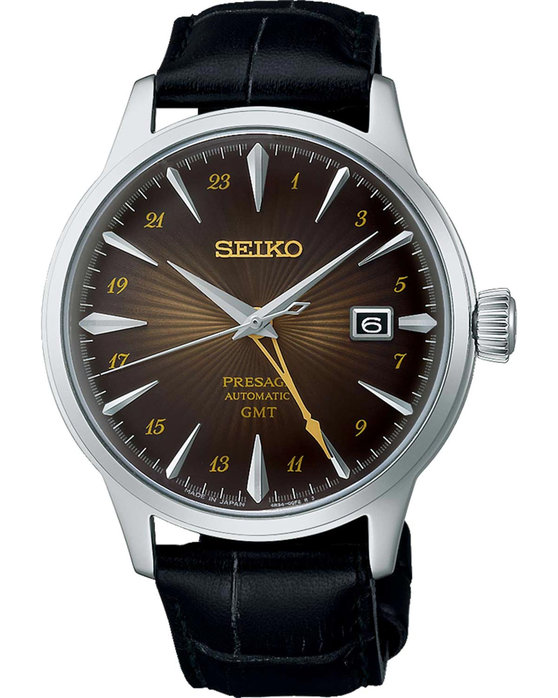 SEIKO Presage 'Rusty Nail' Cocktail Time Automatic GMT Black Leather Strap