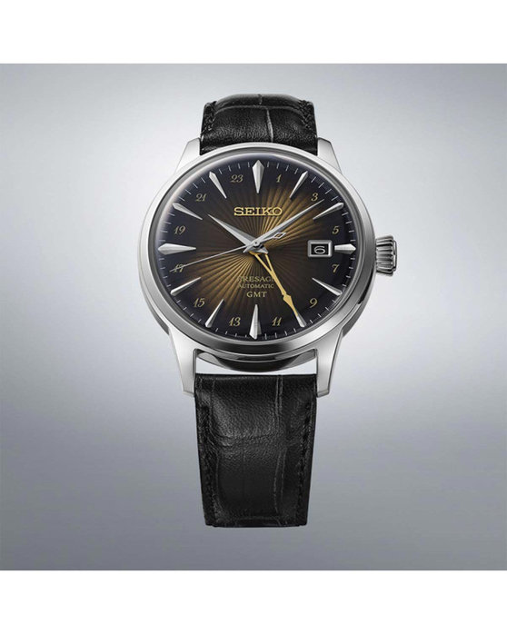 SEIKO Presage 'Rusty Nail' Cocktail Time Automatic GMT Black Leather Strap