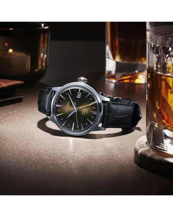 SEIKO Presage 'Rusty Nail' Cocktail Time Automatic GMT Black Leather Strap