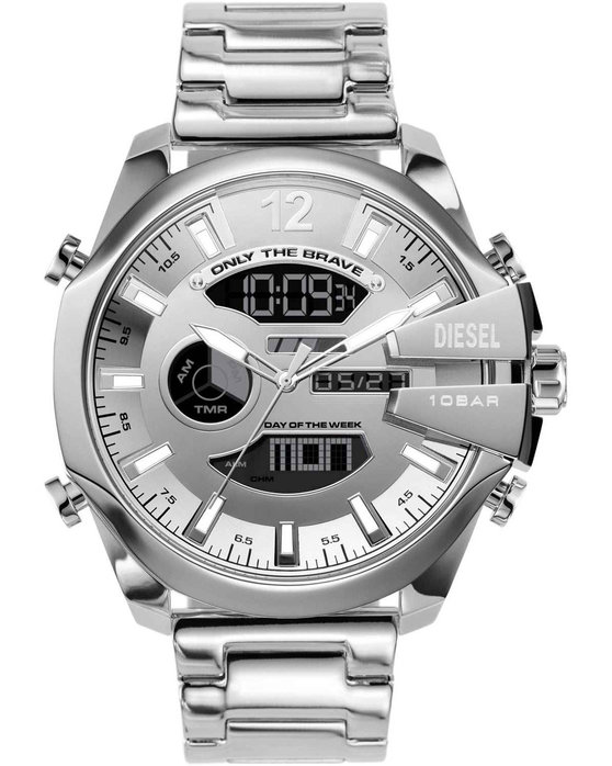 DIESEL Mega Chief Dual Time Silver Stainless Steel Bracelet