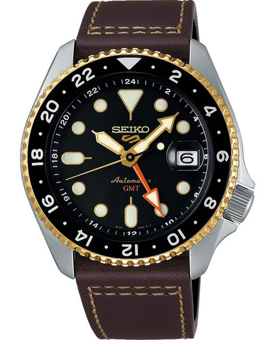 SEIKO 5 Sports SKX GMT Automatic Dual Time Brown Leather Strap