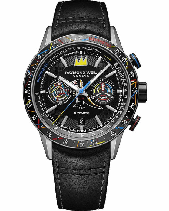 RAYMOND WEIL x Basquiat Bi-Compax Automatic Chronograph Black Leather Strap Special Edition