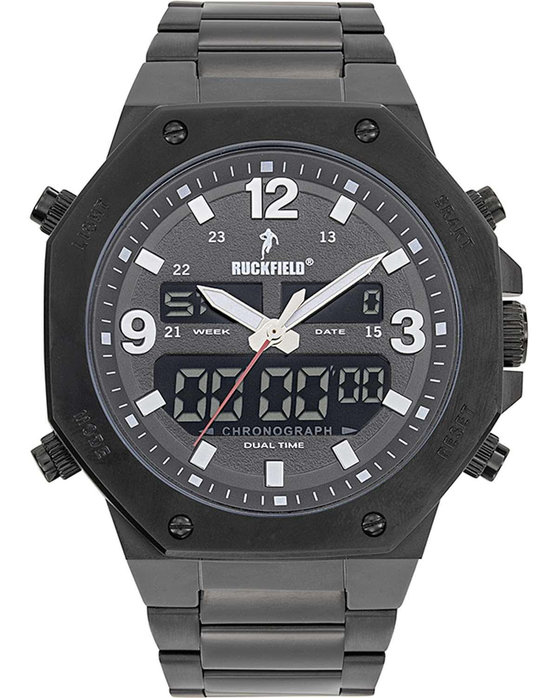 RUCKFIELD Dual Time Chronograph Black Stainless Steel Bracelet